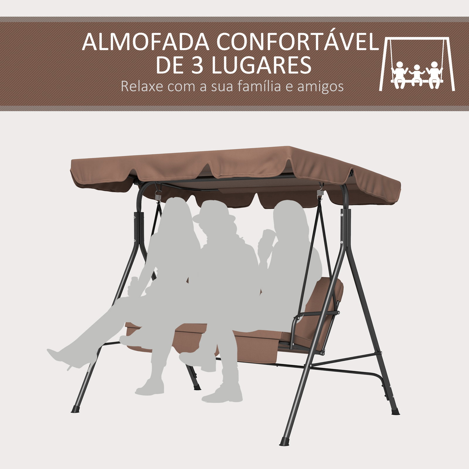 Baloiço de jardim de 3 lugares com almofada toldo ajustável e estrutura de aço para balcão terraço 172x110x153 cm marróm
