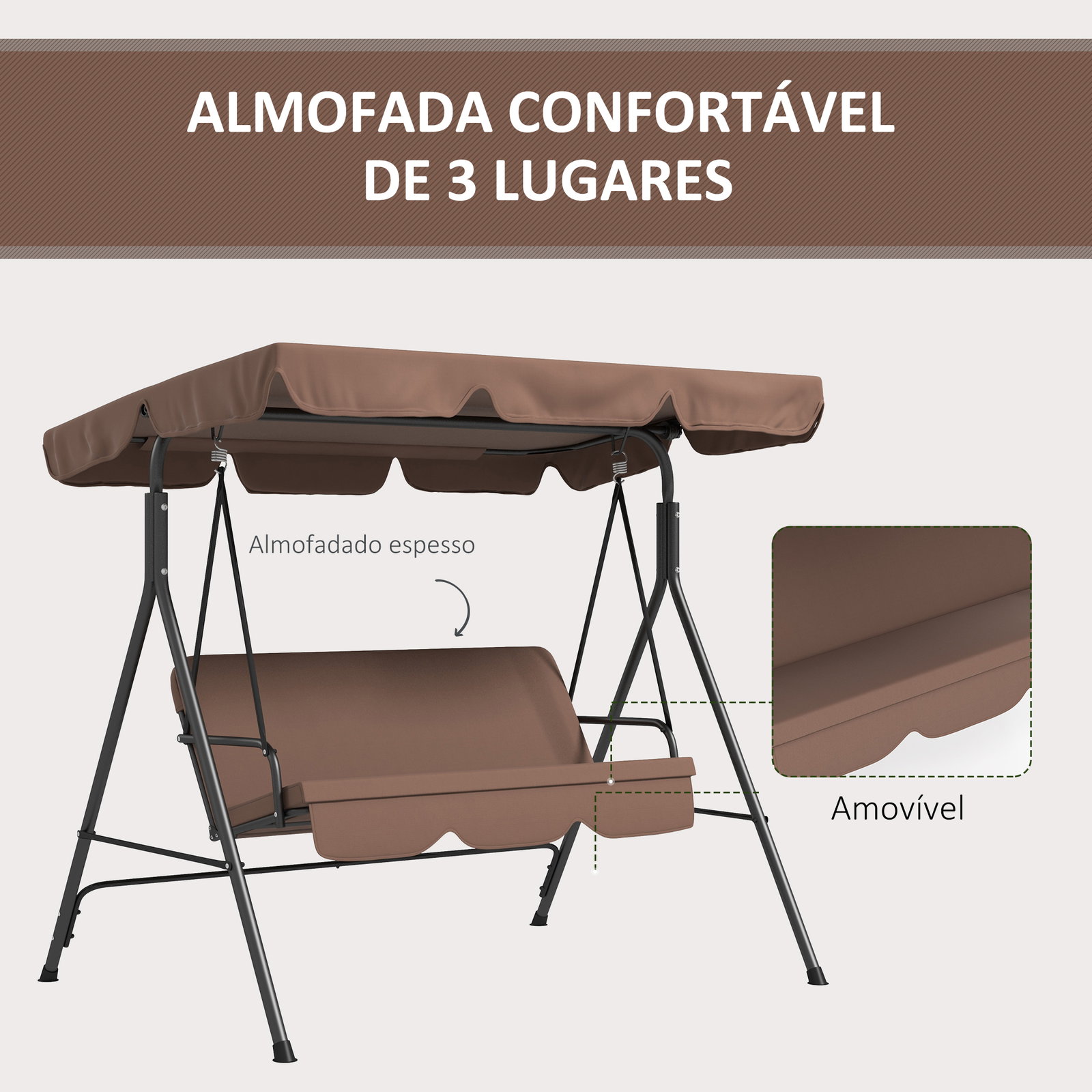 Baloiço de jardim de 3 lugares com almofada toldo ajustável e estrutura de aço para balcão terraço 172x110x153 cm marróm