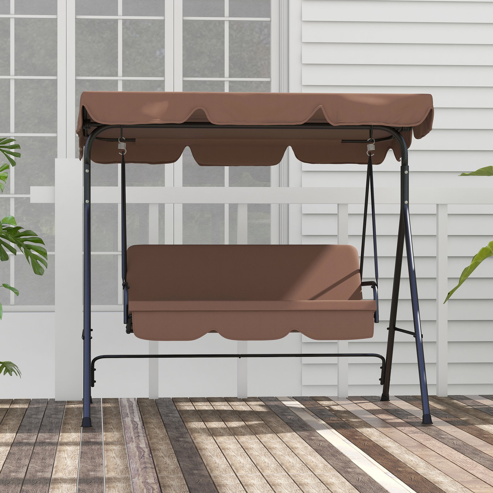 Baloiço de jardim de 3 lugares com almofada toldo ajustável e estrutura de aço para balcão terraço 172x110x153 cm marróm