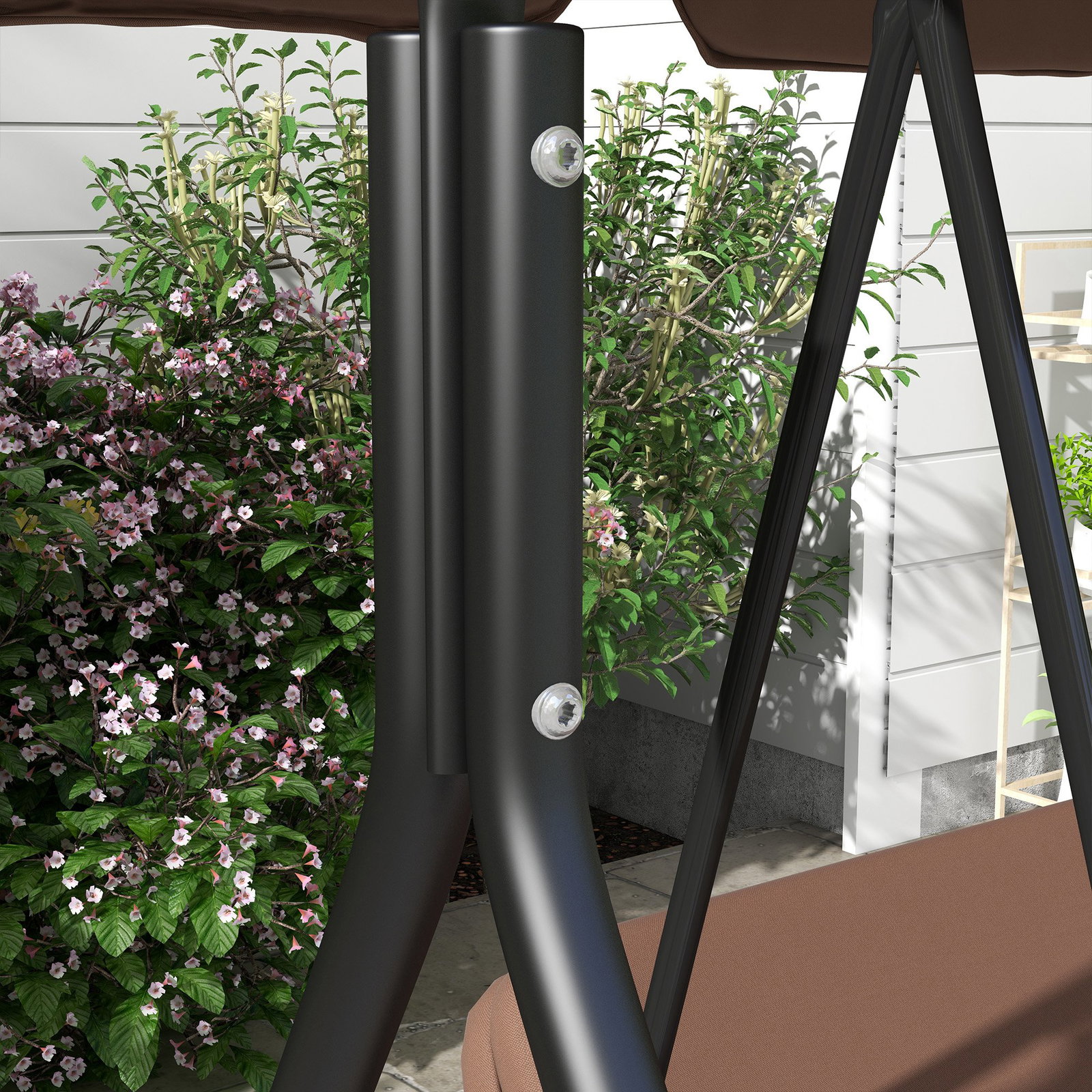 Baloiço de jardim de 3 lugares com almofada toldo ajustável e estrutura de aço para balcão terraço 172x110x153 cm marróm