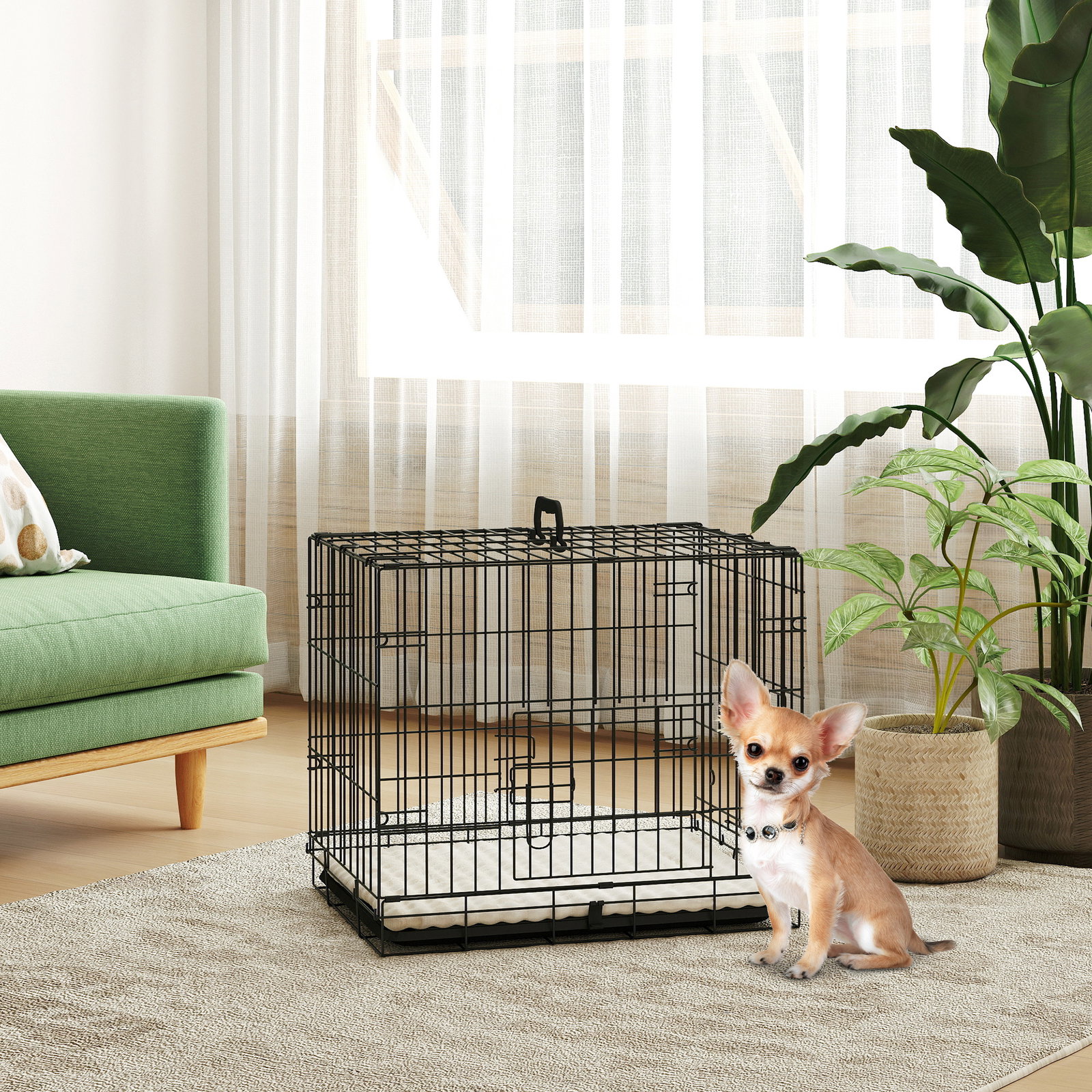 Gaiola para cães dobrável com almofada com 2 portas alça de transporte bandeja removível 60x40x50 cm preto e bege