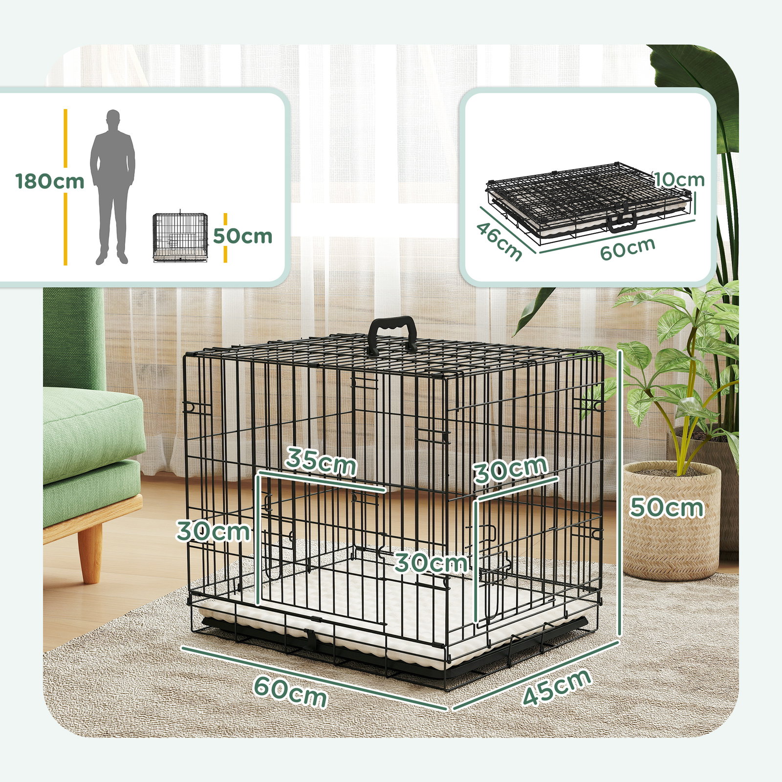 Gaiola para cães dobrável com almofada com 2 portas alça de transporte bandeja removível 60x40x50 cm preto e bege