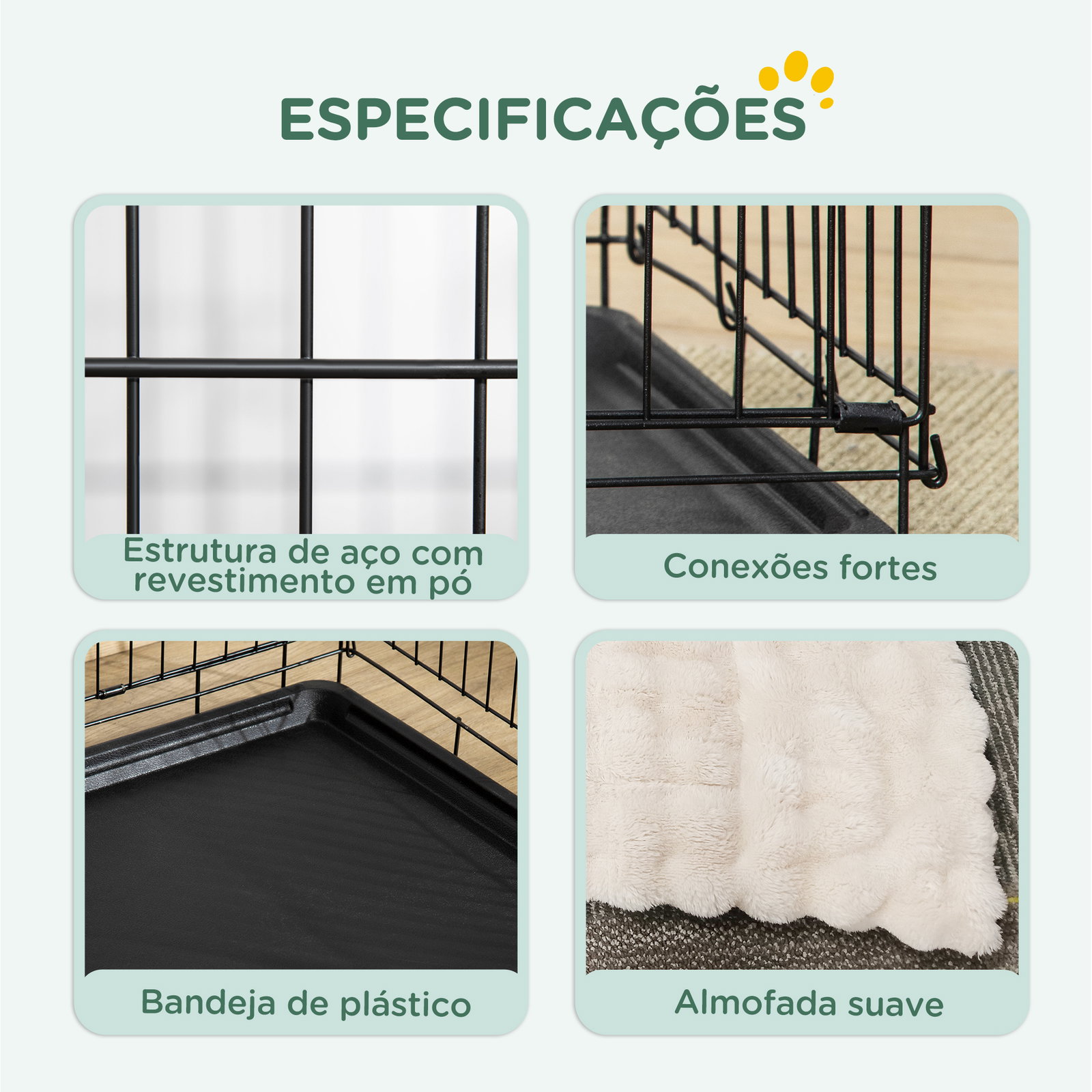 Gaiola para cães dobrável com almofada com 2 portas alça de transporte bandeja removível 60x40x50 cm preto e bege
