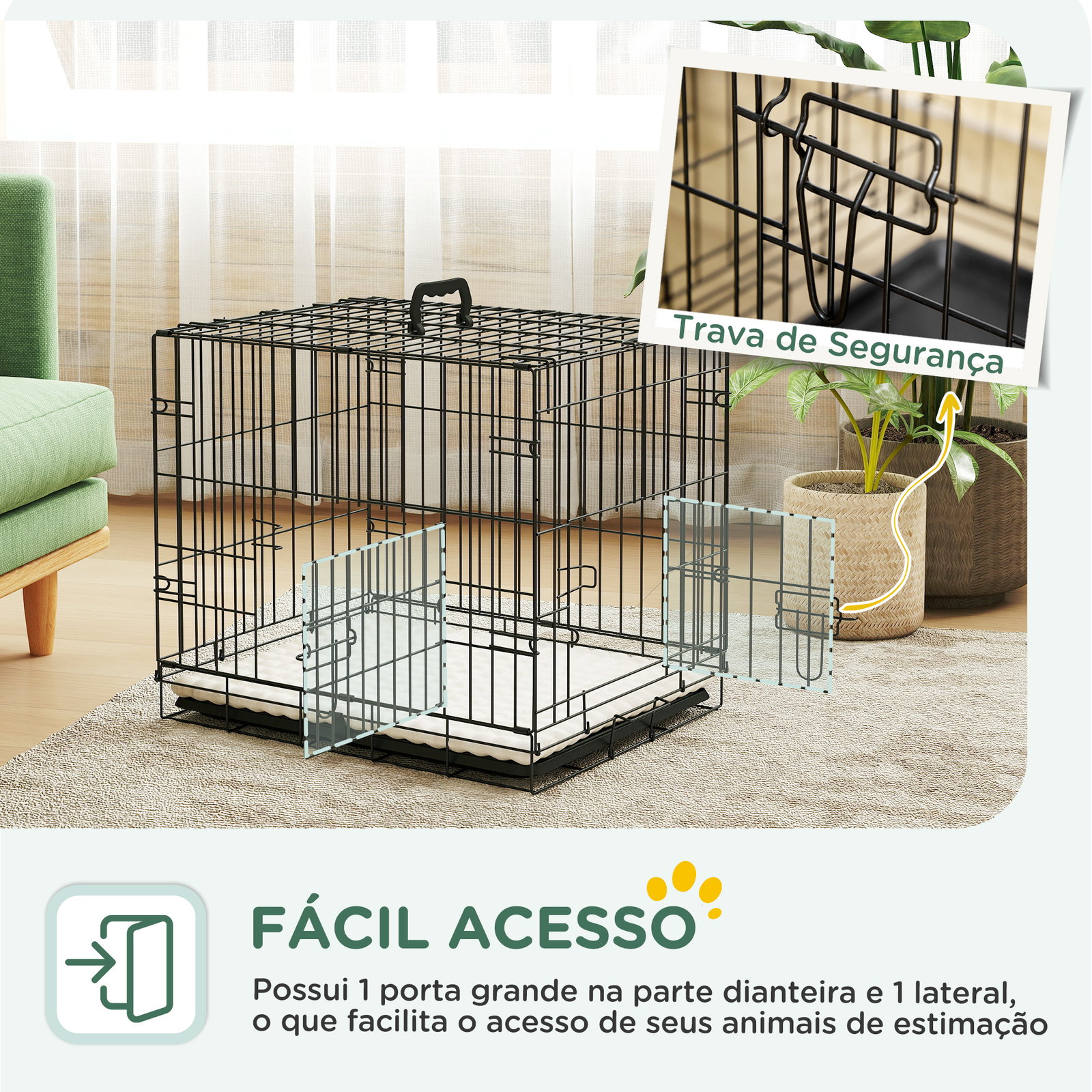 Gaiola para cães dobrável com almofada com 2 portas alça de transporte bandeja removível 60x40x50 cm preto e bege