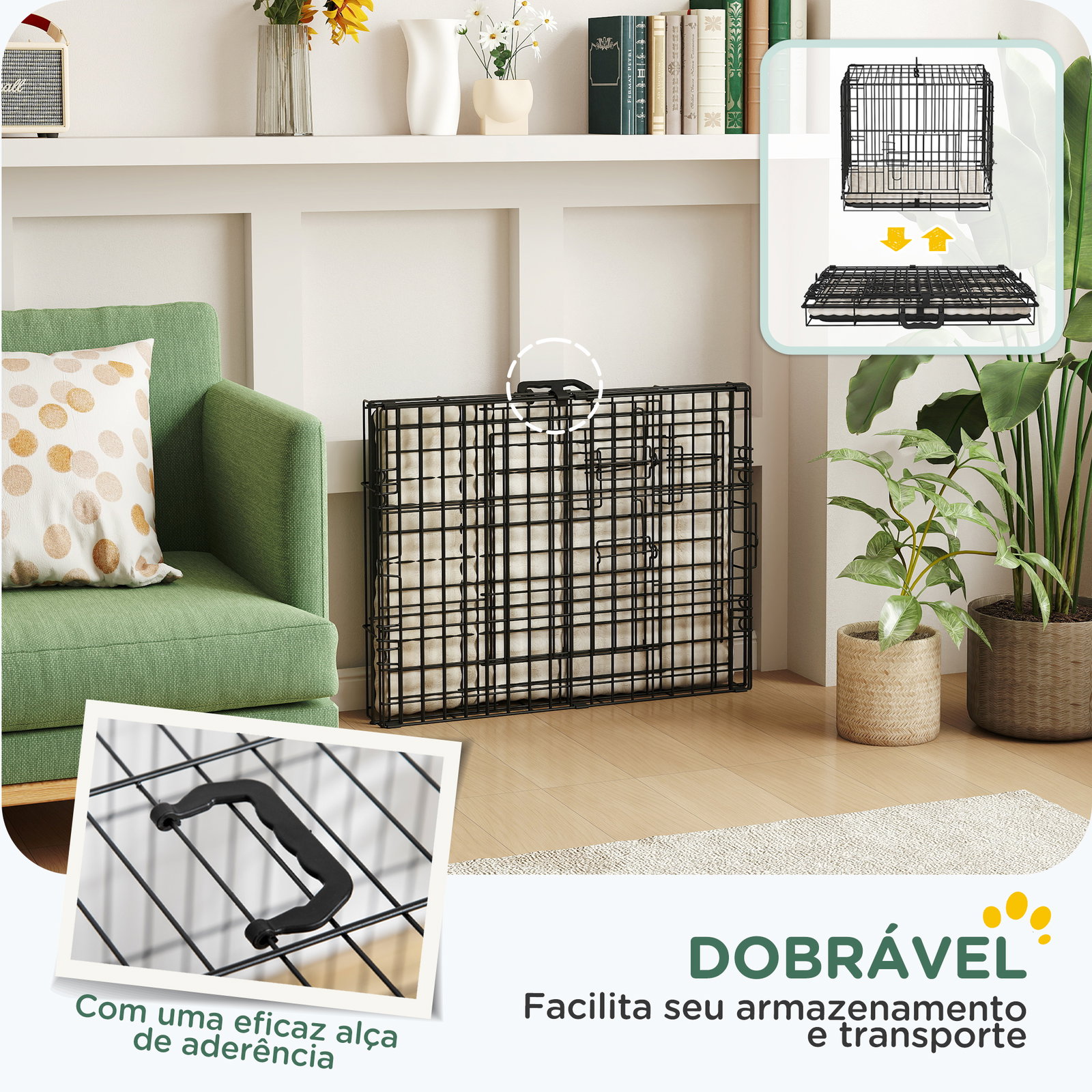 Gaiola para cães dobrável com almofada com 2 portas alça de transporte bandeja removível 60x40x50 cm preto e bege