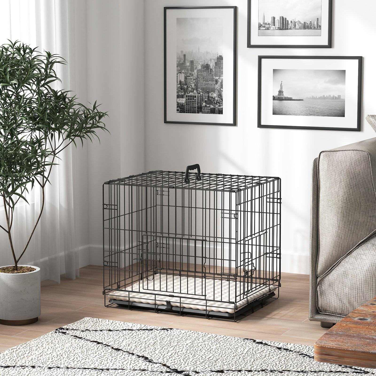 Gaiola para cães dobrável com almofada com 2 portas alça de transporte bandeja removível 60x40x50 cm preto e bege