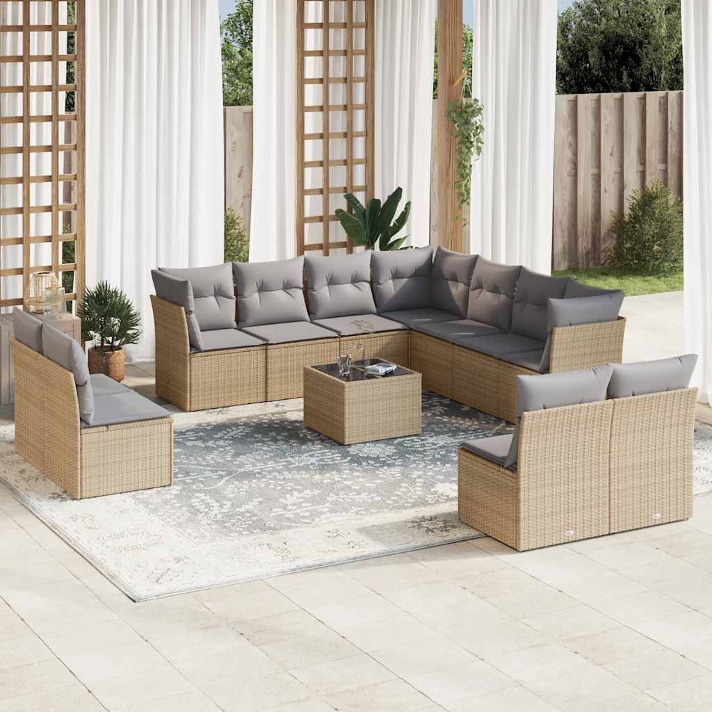 12 Pcs conjunto de sofás p/ jardim com almofadões vime PE bege