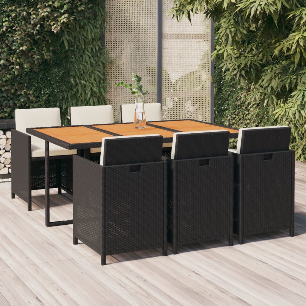7 Pcs conjunto de jantar p/ jardim c/ almofadões vime PE preto