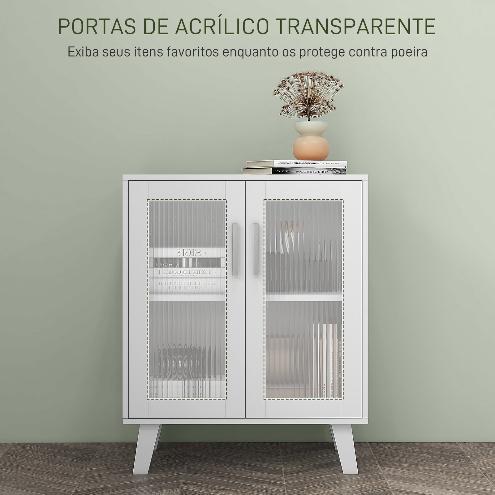 Aparador de 2 portas aparador de sala com 2 prateleiras portas transparentes para cozinha e entrada branco 61x35x75 cm