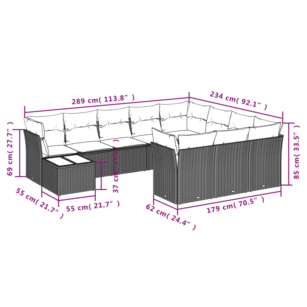 11 Pcs conjunto sofás de jardim c/ almofadões vime PE cinzento