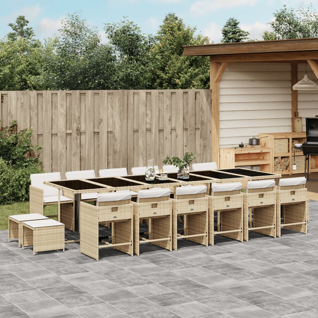 17 Pcs conjunto de jantar p/ jardim c/ almofadões vime PE bege