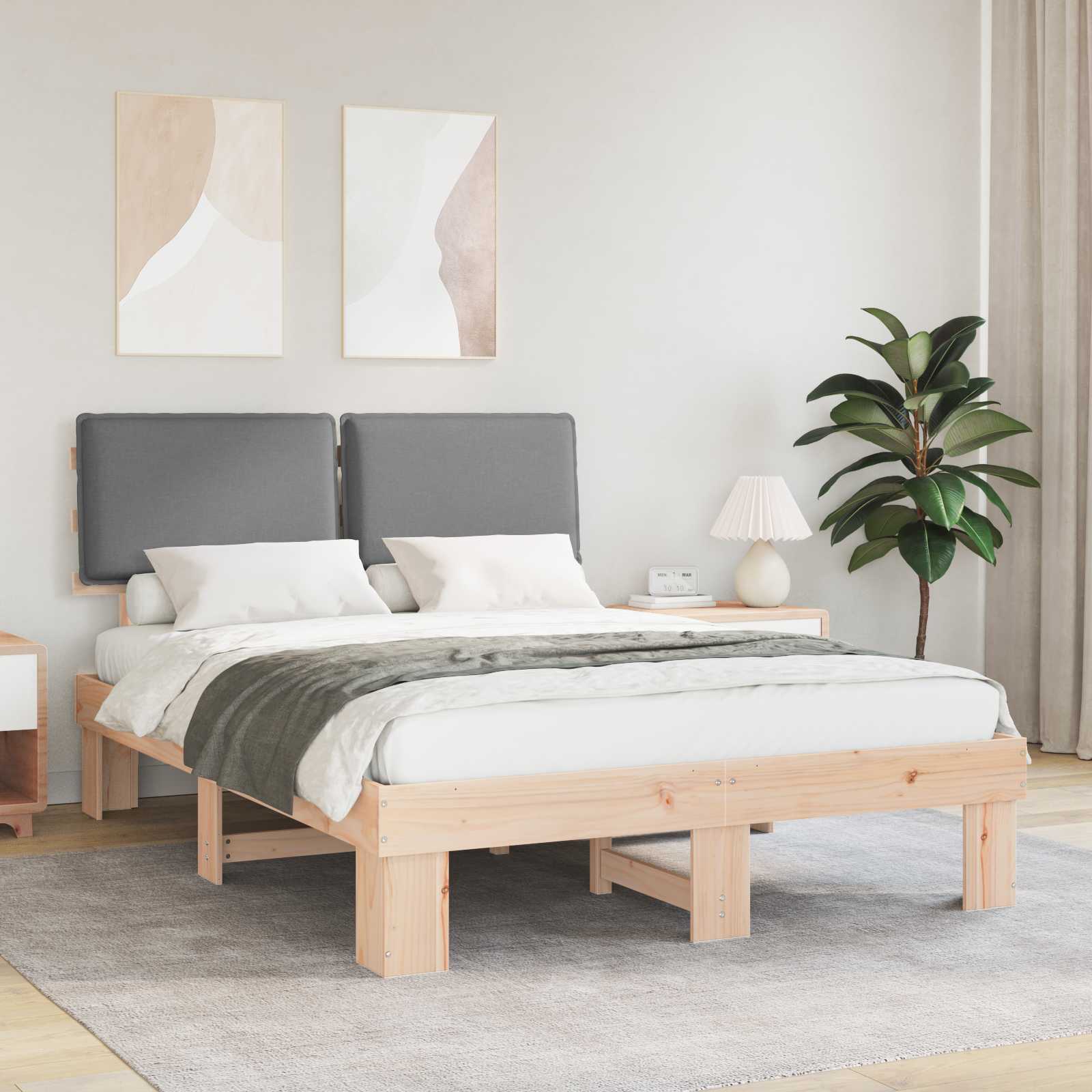 Estrutura de cama com cabeceira estofada cinzento-claro