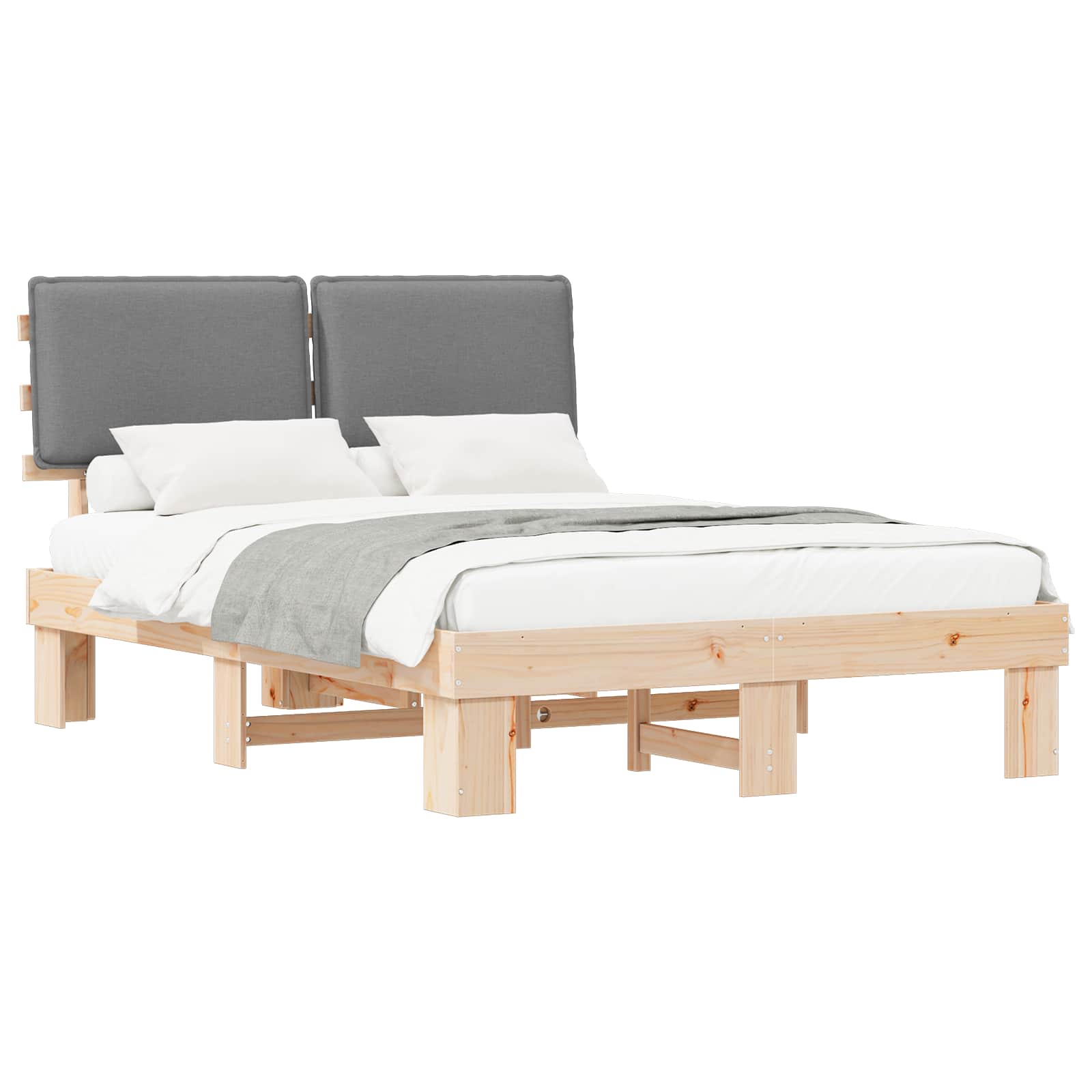 Estrutura de cama com cabeceira estofada cinzento-claro