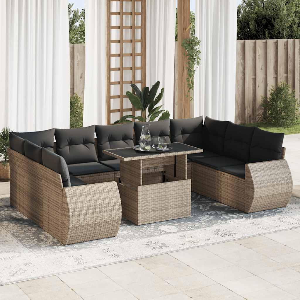 10 Pcs conjunto sofás de jardim c/ almofadões vime PE cinzento
