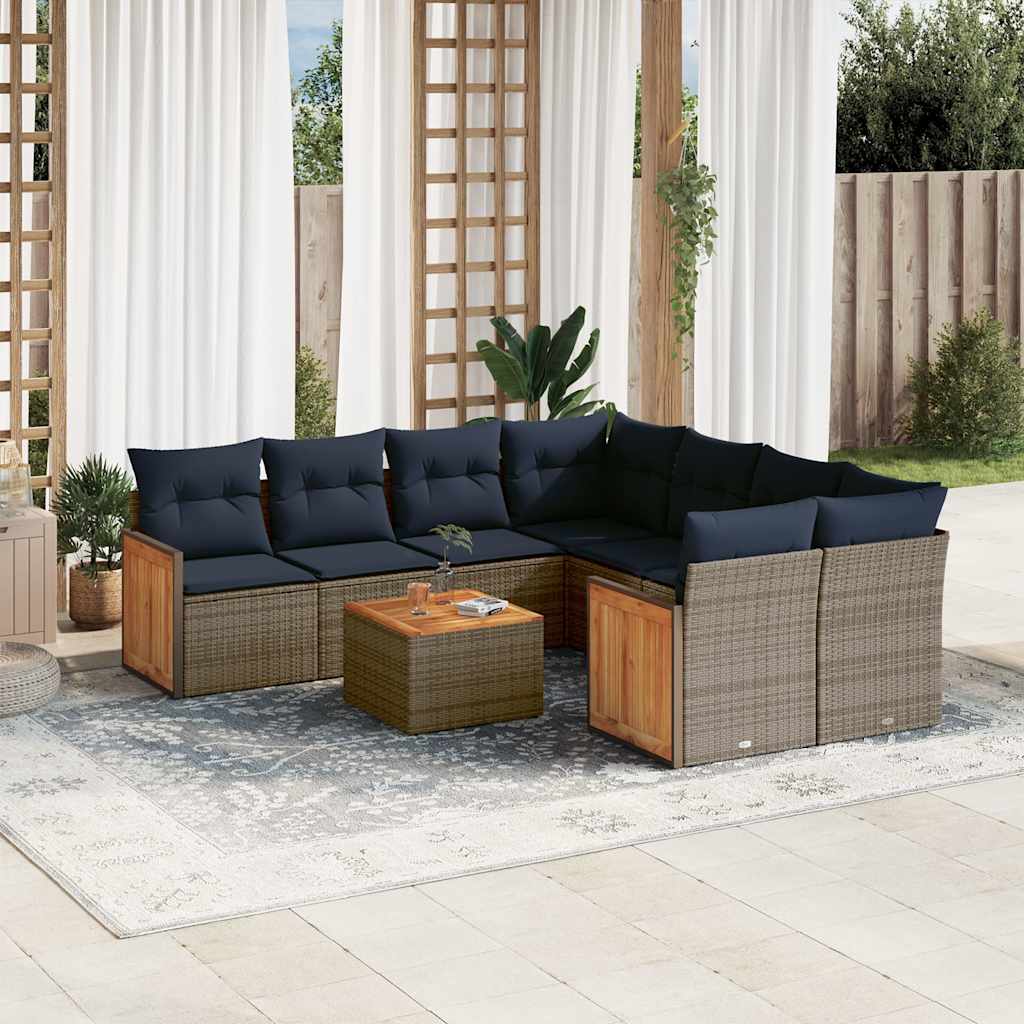 Conjunto de sofá de jardim de 9 peças com almofadas em rattan sintético cinza
