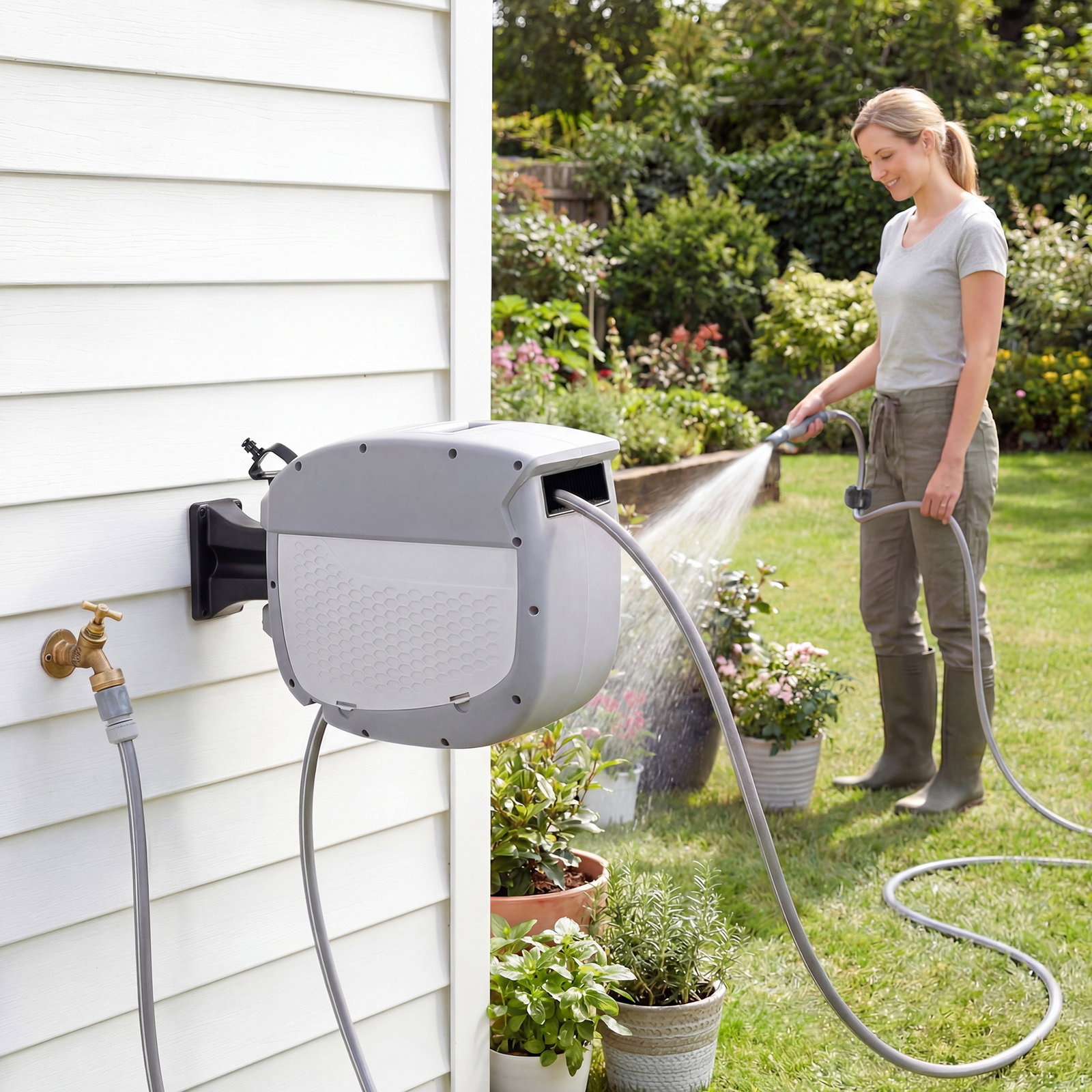Carretel de mangueira para jardim 20+1,9 m com bico de 2 modos bloqueio automático e retracção suporte orientável 180° cinza