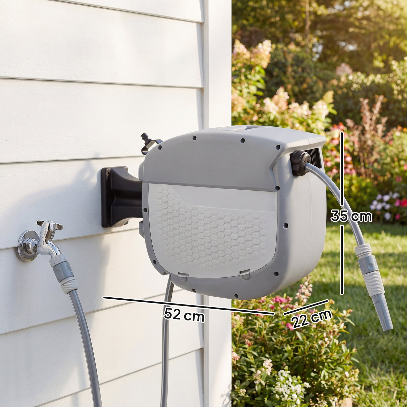 Carretel de mangueira para jardim 20+1,9 m com bico de 2 modos bloqueio automático e retracção suporte orientável 180° cinza