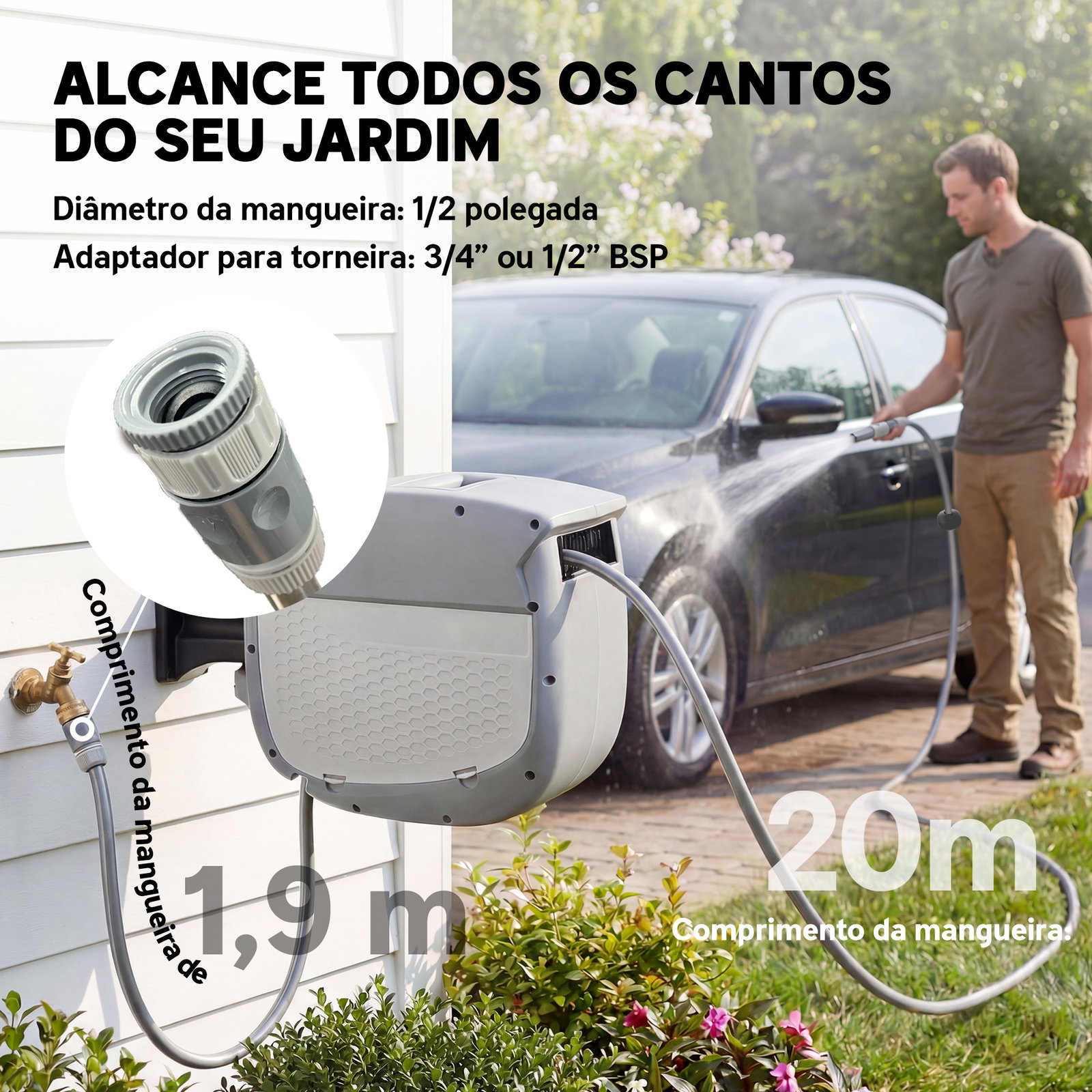 Carretel de mangueira para jardim 20+1,9 m com bico de 2 modos bloqueio automático e retracção suporte orientável 180° cinza