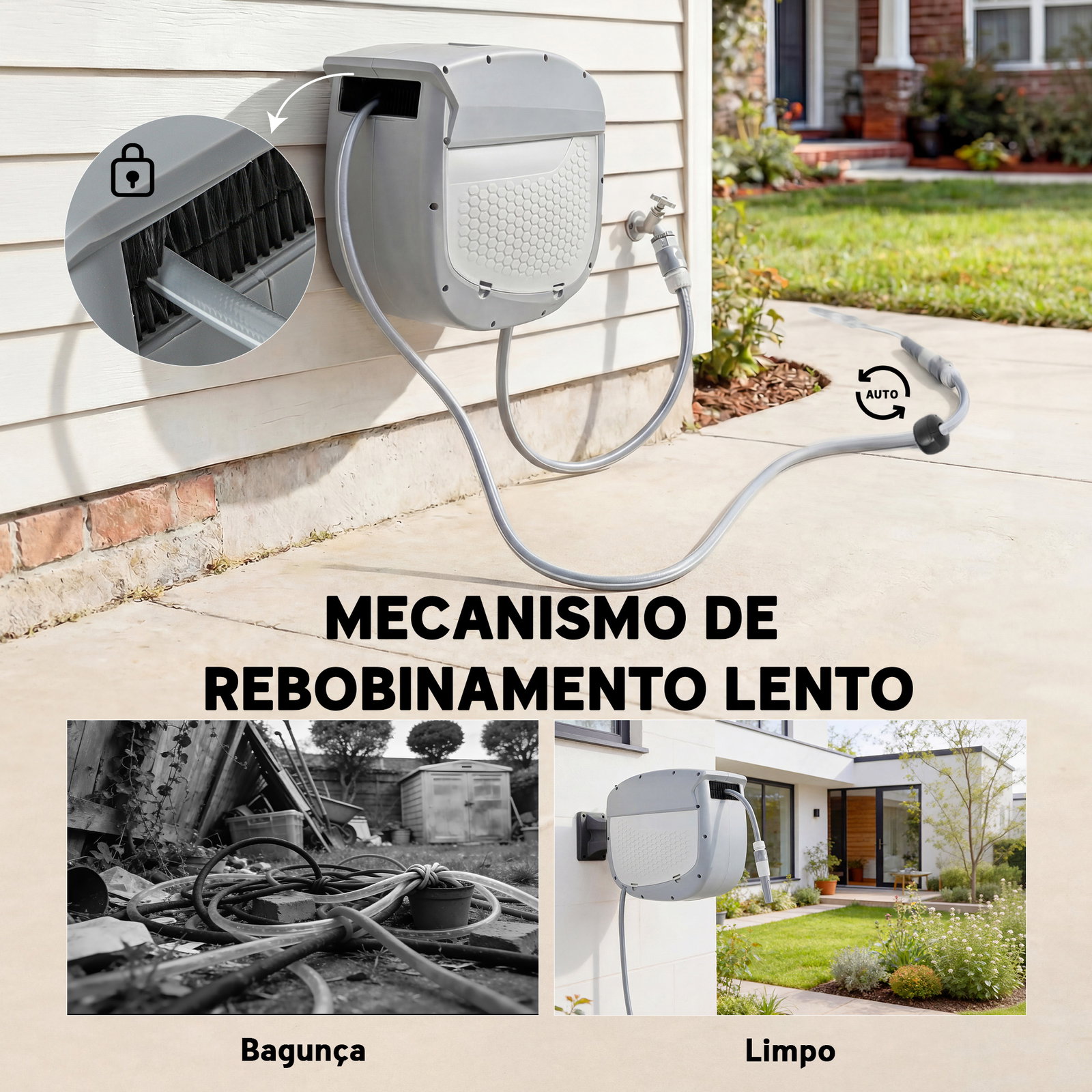 Carretel de mangueira para jardim 20+1,9 m com bico de 2 modos bloqueio automático e retracção suporte orientável 180° cinza