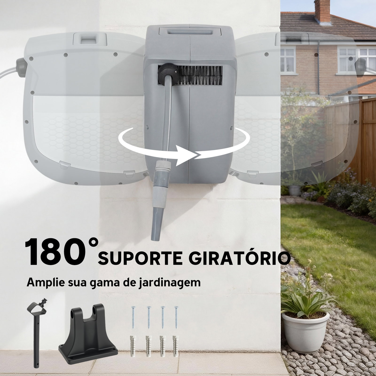 Carretel de mangueira para jardim 20+1,9 m com bico de 2 modos bloqueio automático e retracção suporte orientável 180° cinza