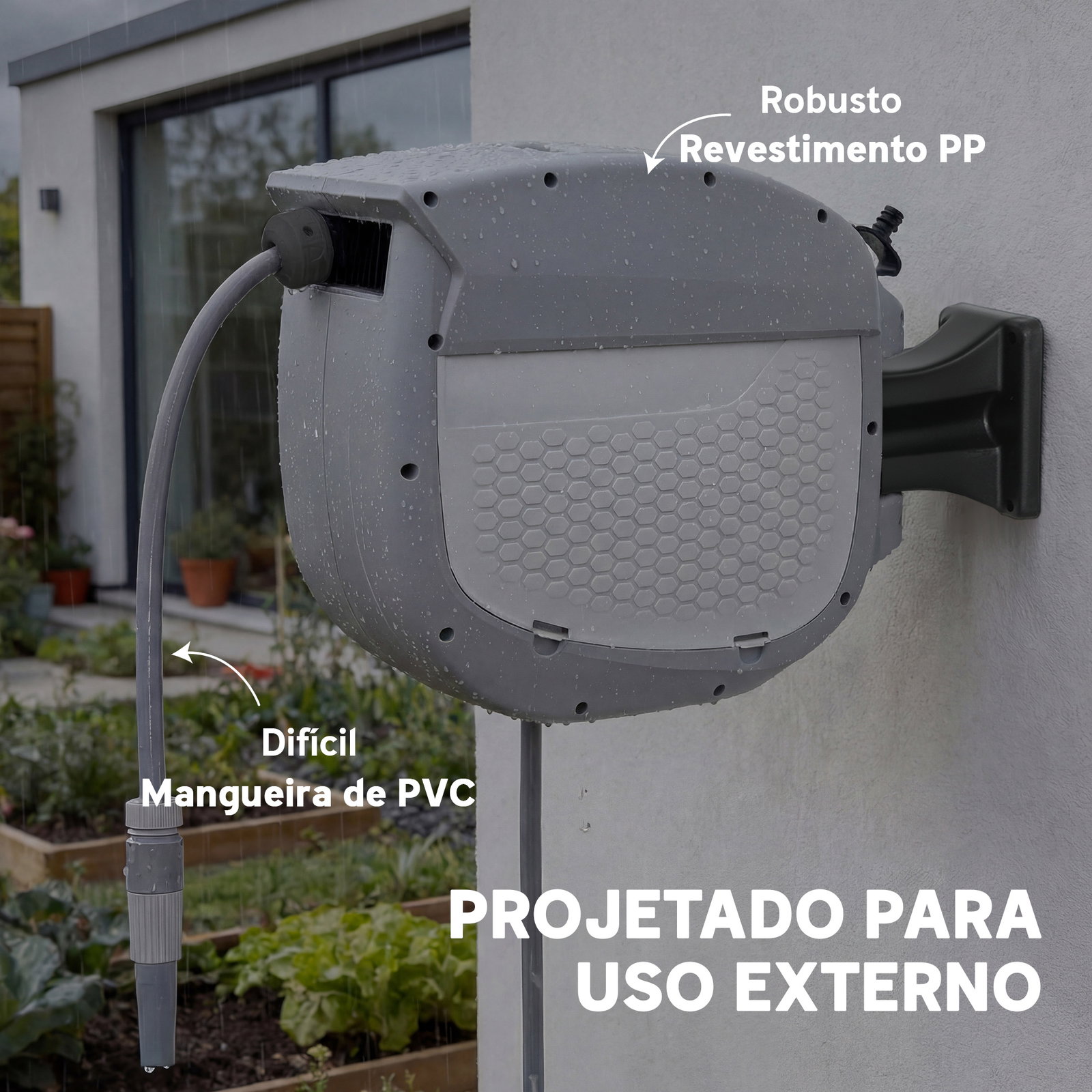 Carretel de mangueira para jardim 20+1,9 m com bico de 2 modos bloqueio automático e retracção suporte orientável 180° cinza