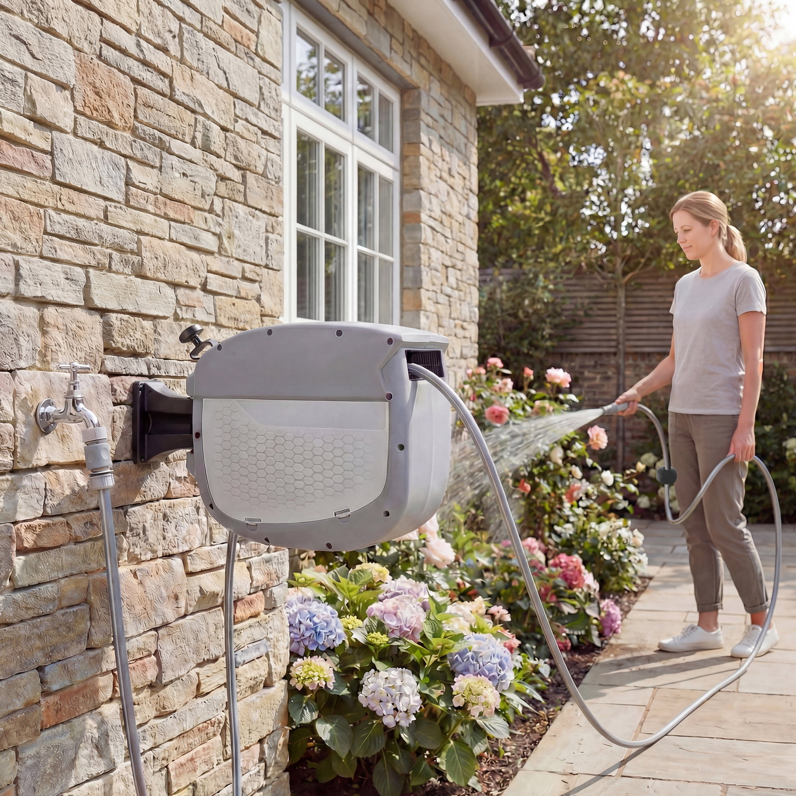Carretel de mangueira para jardim 20+1,9 m com bico de 2 modos bloqueio automático e retracção suporte orientável 180° cinza
