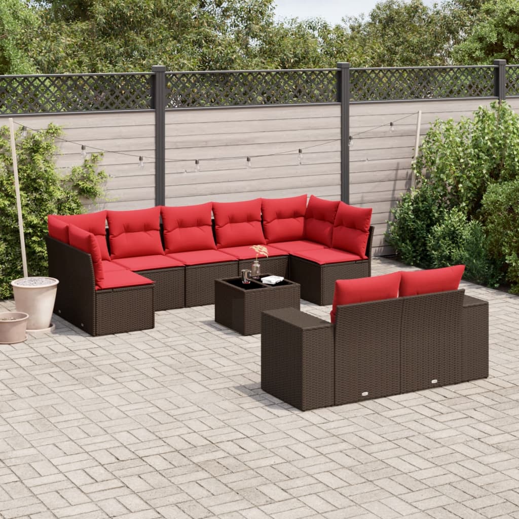 Conjunto de sofá de jardim com 10 peças e almofadas em rattan sintético marrom