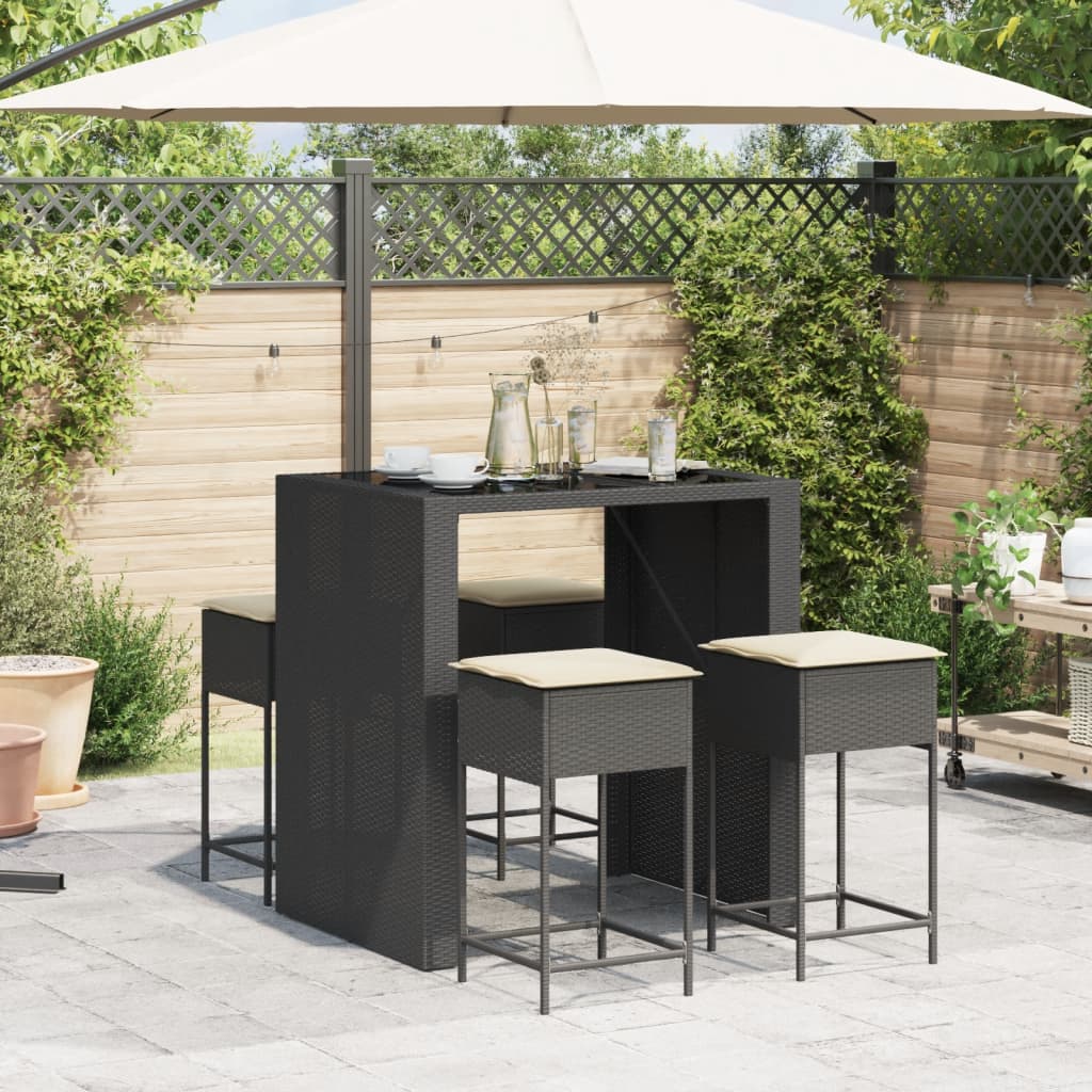 5 Pcs conjunto de bar p/ jardim c/ almofadões vime PE preto