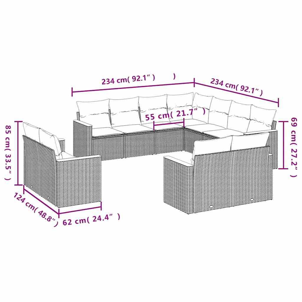 11 Pcs conjunto sofás de jardim c/ almofadões vime PE preto
