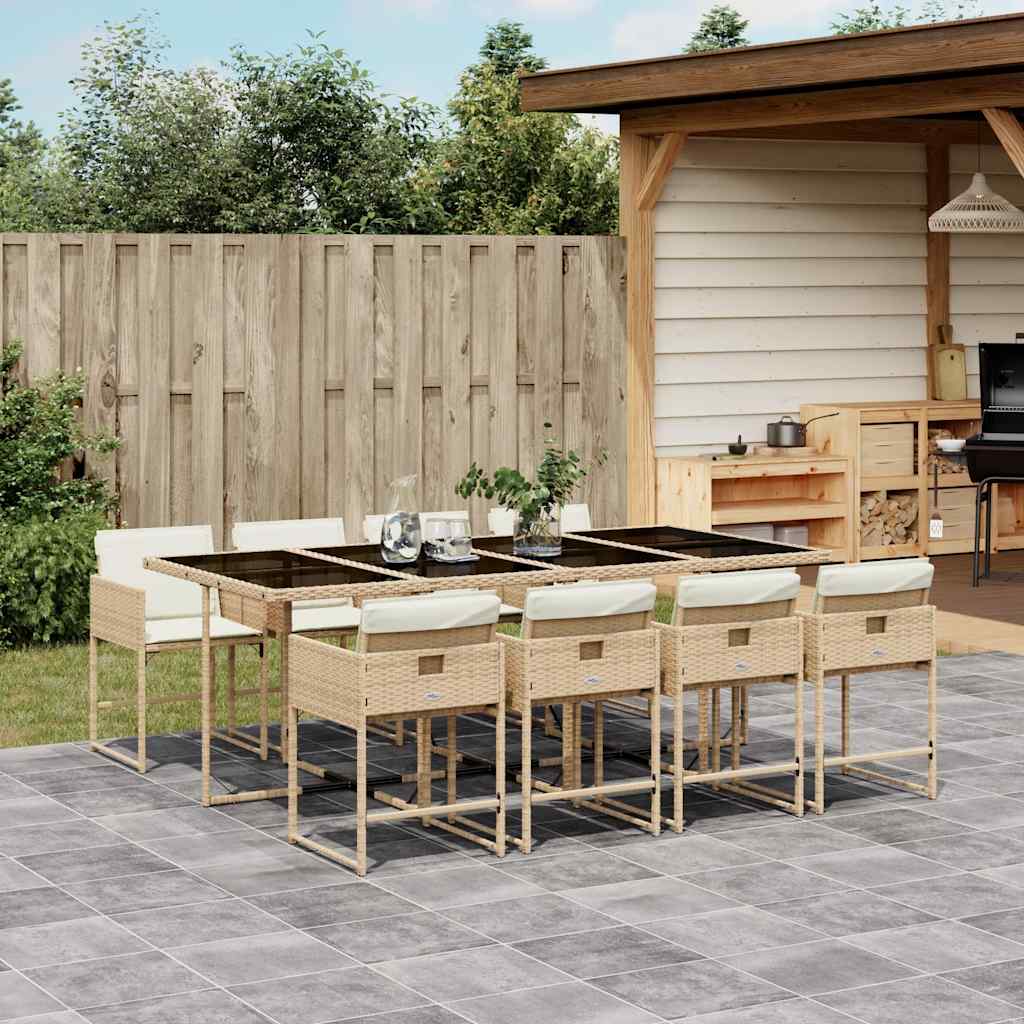 9 Pcs conjunto de jantar p/ jardim com almofadões vime PE bege