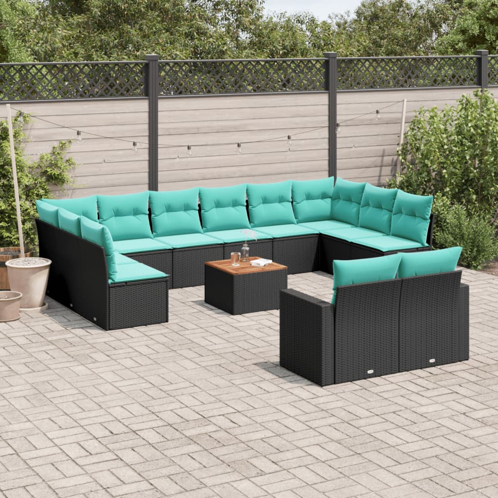 13 Pcs conjunto de sofás de jardim com almofadões vime PE preto