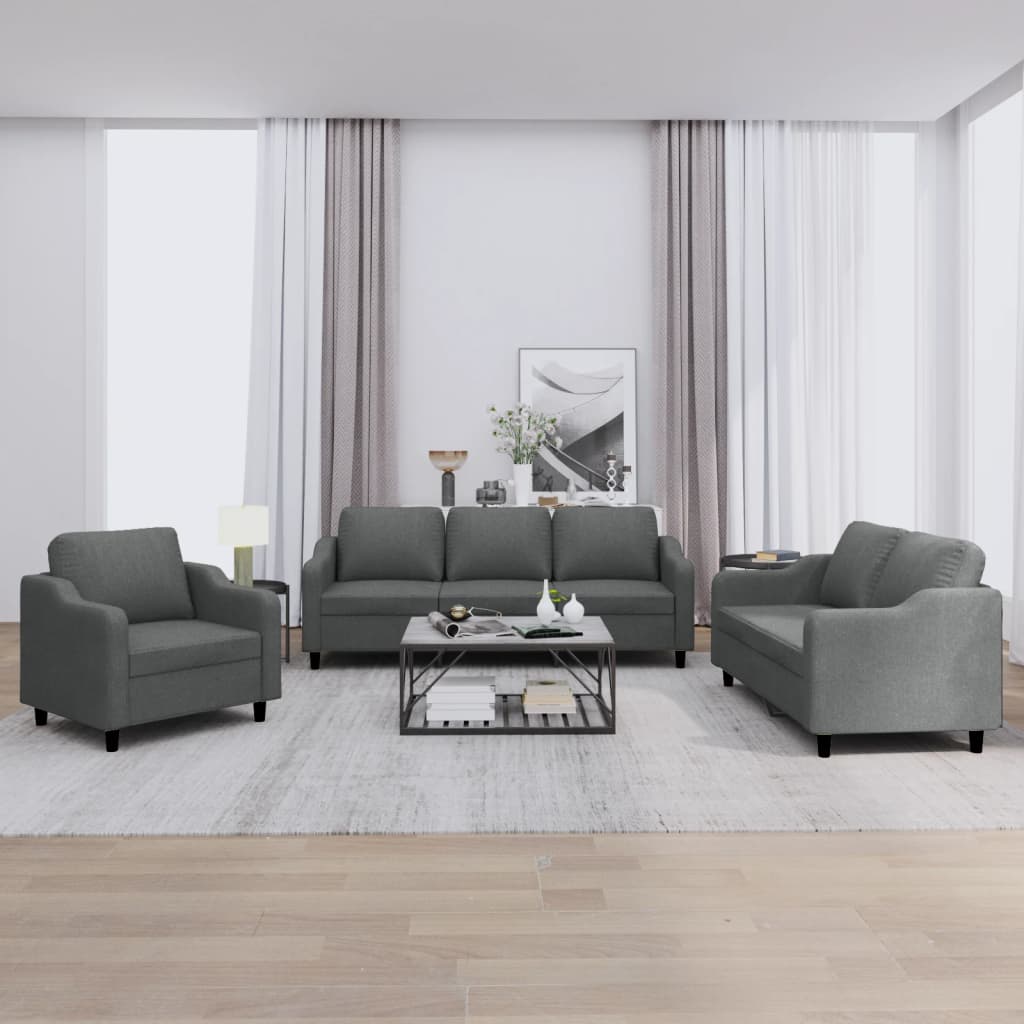 3 Pcs conjunto de sofás com almofadões tecido cinzento-escuro