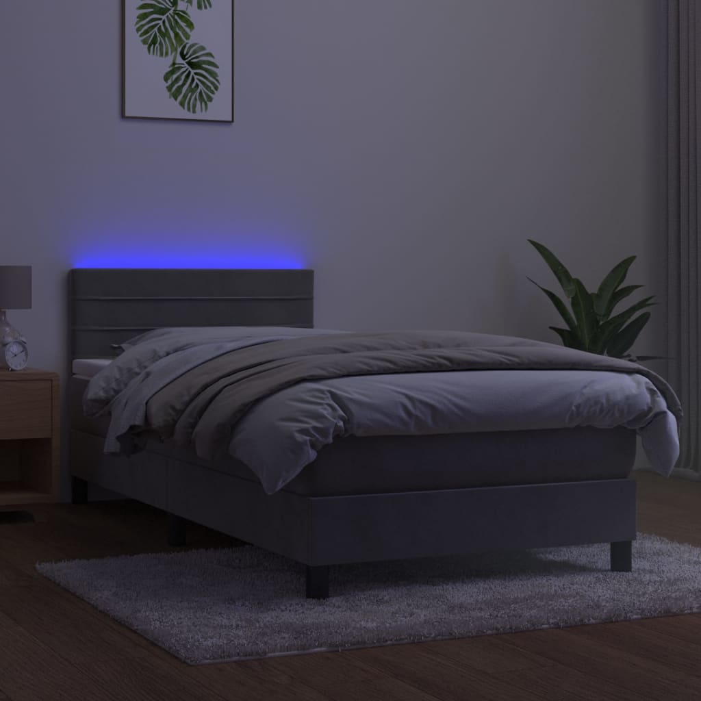 Cama box spring c/ colchão/LED 90x200 cm veludo cinzento-claro