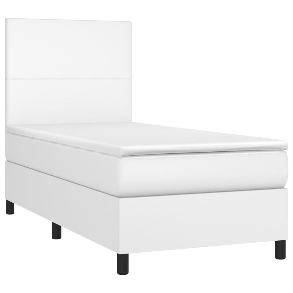 Cama box spring c/ colchão/LED 80x200cm couro artificial branco