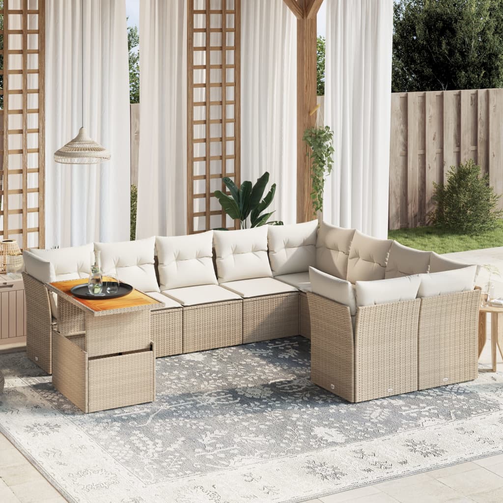 10 Pcs conjunto de sofás p/ jardim com almofadões vime PE bege