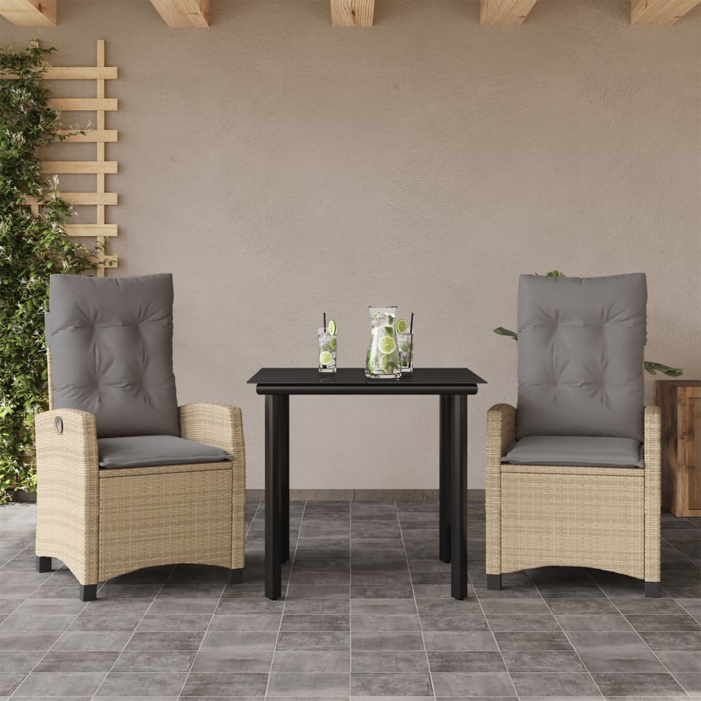 3 Pcs conj. jantar jardim c/ almofadões vime PE bege misturado