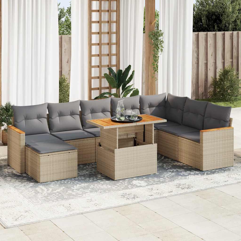 9 Pcs conjunto sofás jardim com almofadões vime PE/acácia bege