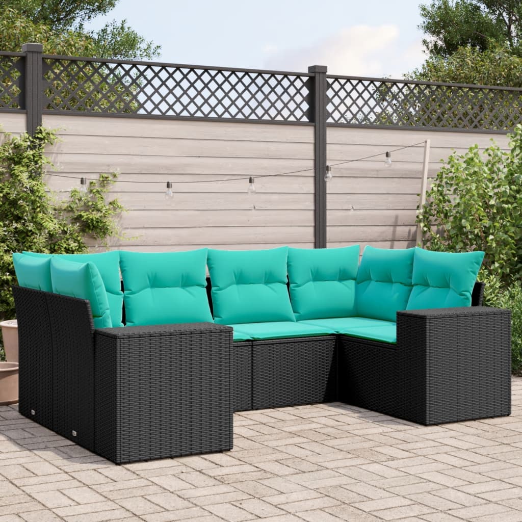Conjunto de sofá de jardim com 6 peças e almofadas em rattan sintético preto