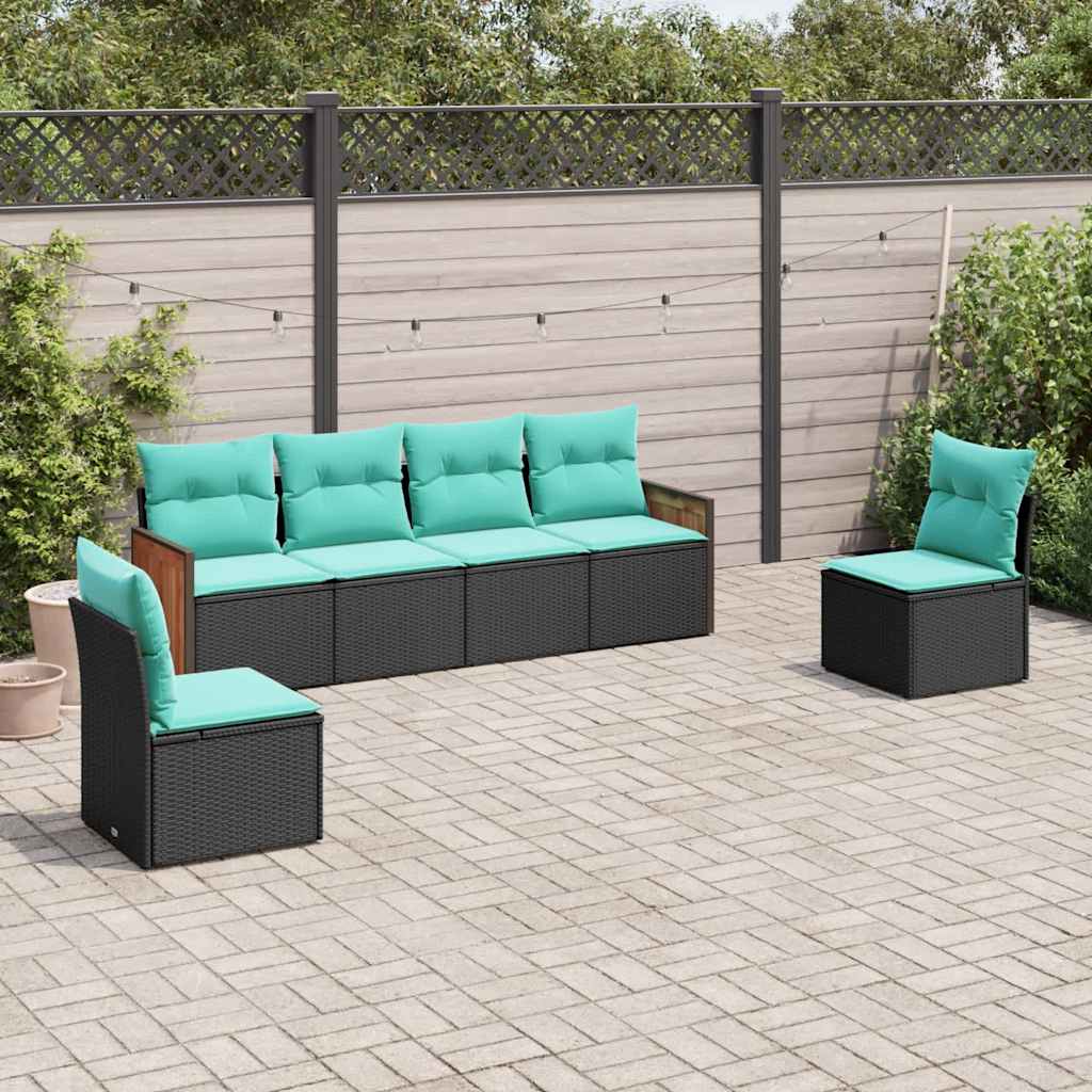 Conjunto de sofá de jardim com 6 peças e almofadas em rattan sintético preto
