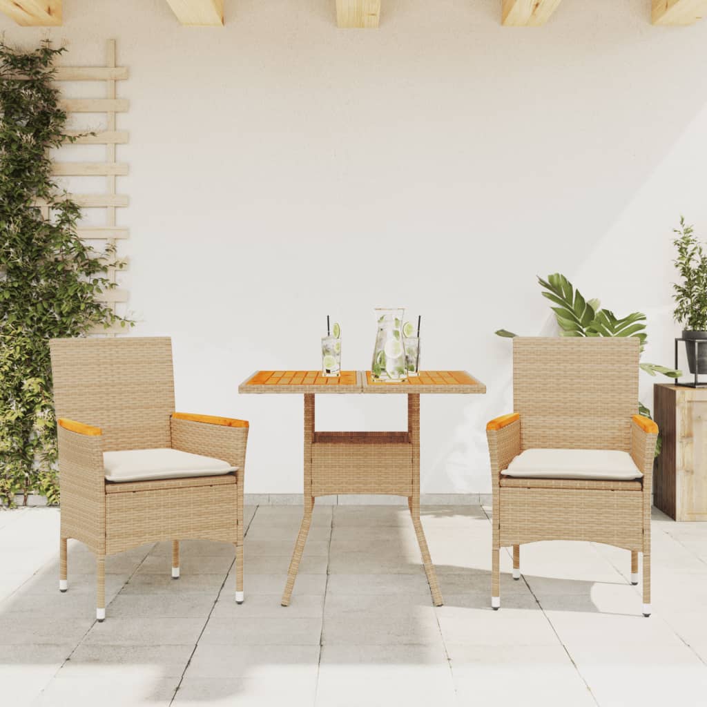 3 Pcs conjunto jantar jardim c/ almofadões vime PE/acácia bege