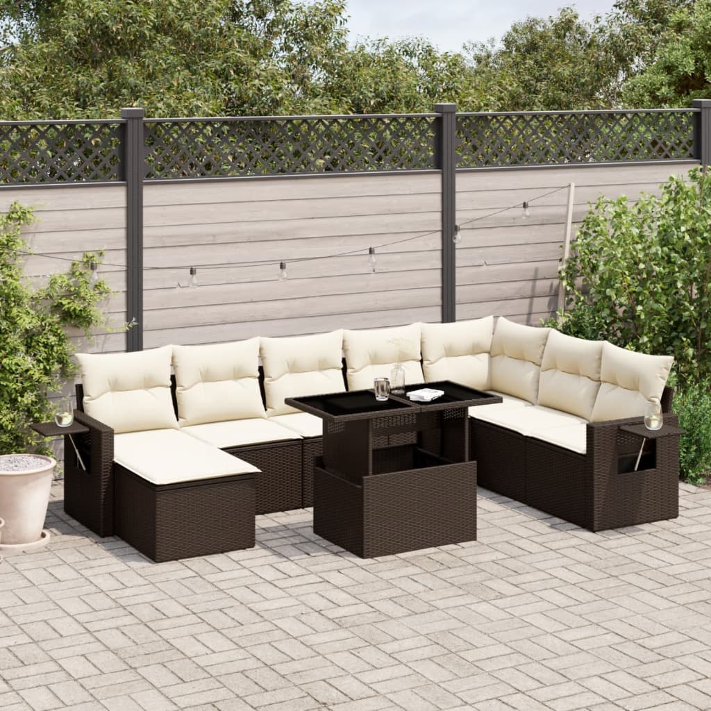 9 Pcs conjunto sofás p/ jardim c/ almofadões vime PE castanho