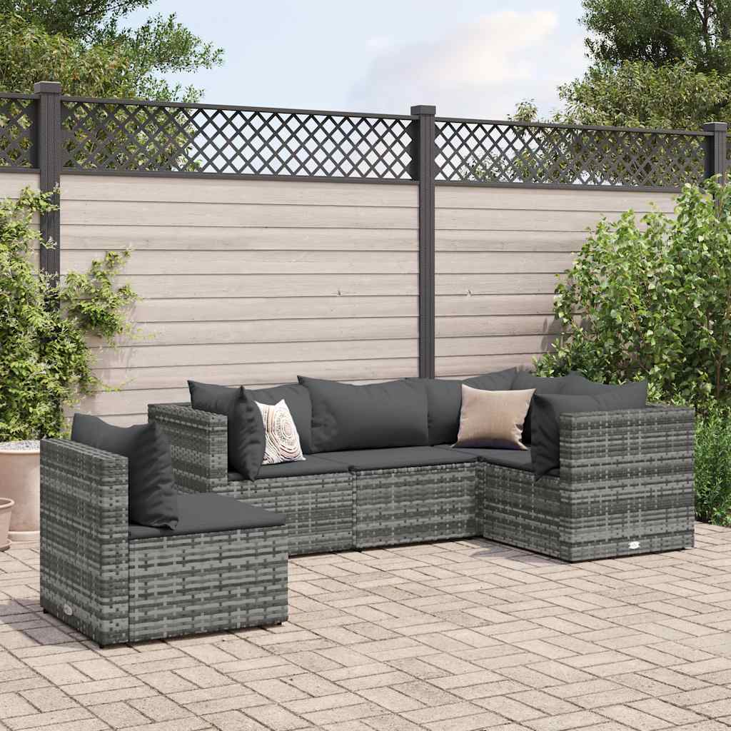 5 Pcs conjunto lounge de jardim c/ almofadões vime PE cinzento