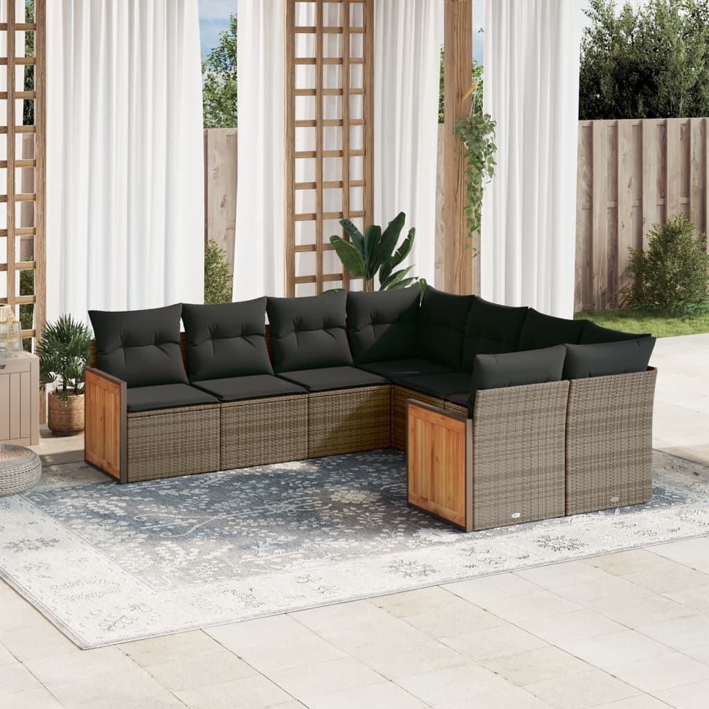 8 Pcs conjunto sofás de jardim c/ almofadões vime PE cinzento