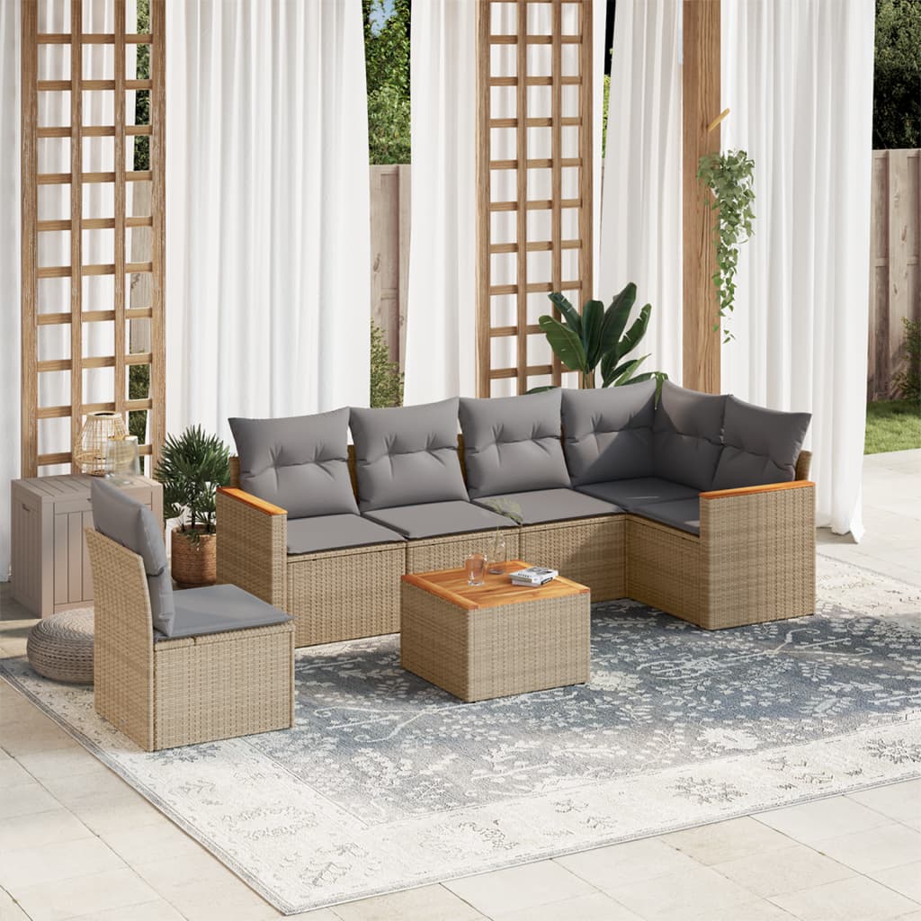 7 Pcs conj. sofás jardim c/ almofadões vime PE bege misturado