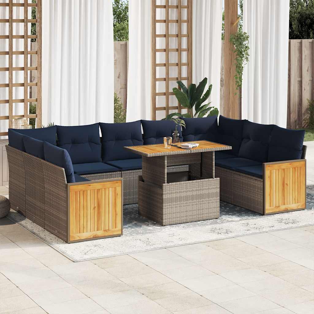 10 Pcs conjunto sofás jardim almofadões vime PE/acácia cinzento