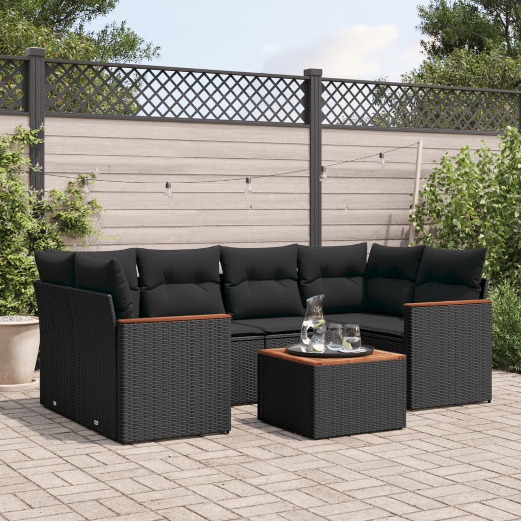 7 Pcs conjunto de sofás p/ jardim c/ almofadões vime PE preto