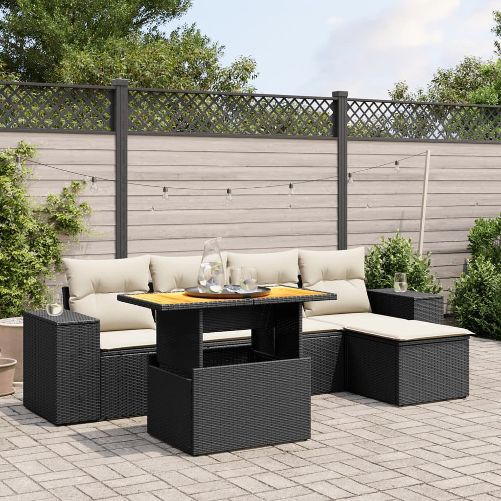 6 Pcs conjunto sofás de jardim c/ almofadões vime PE preto