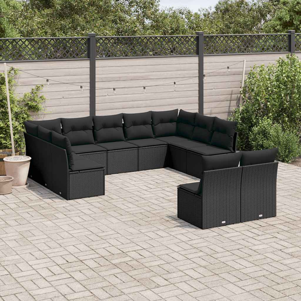 11 Pcs conjunto sofás de jardim c/ almofadões vime PE preto