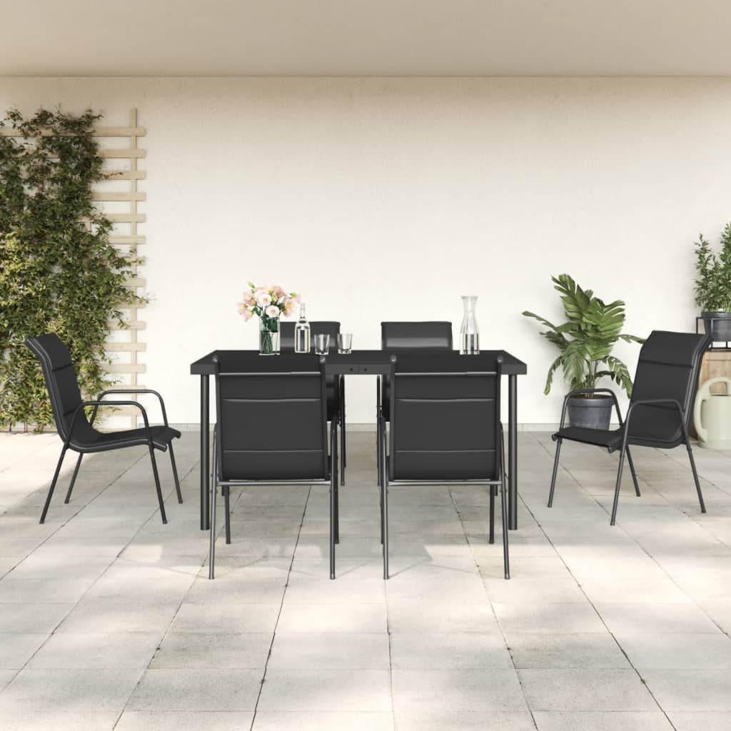 7 Pcs conjunto de jantar para jardim aço e textilene preto