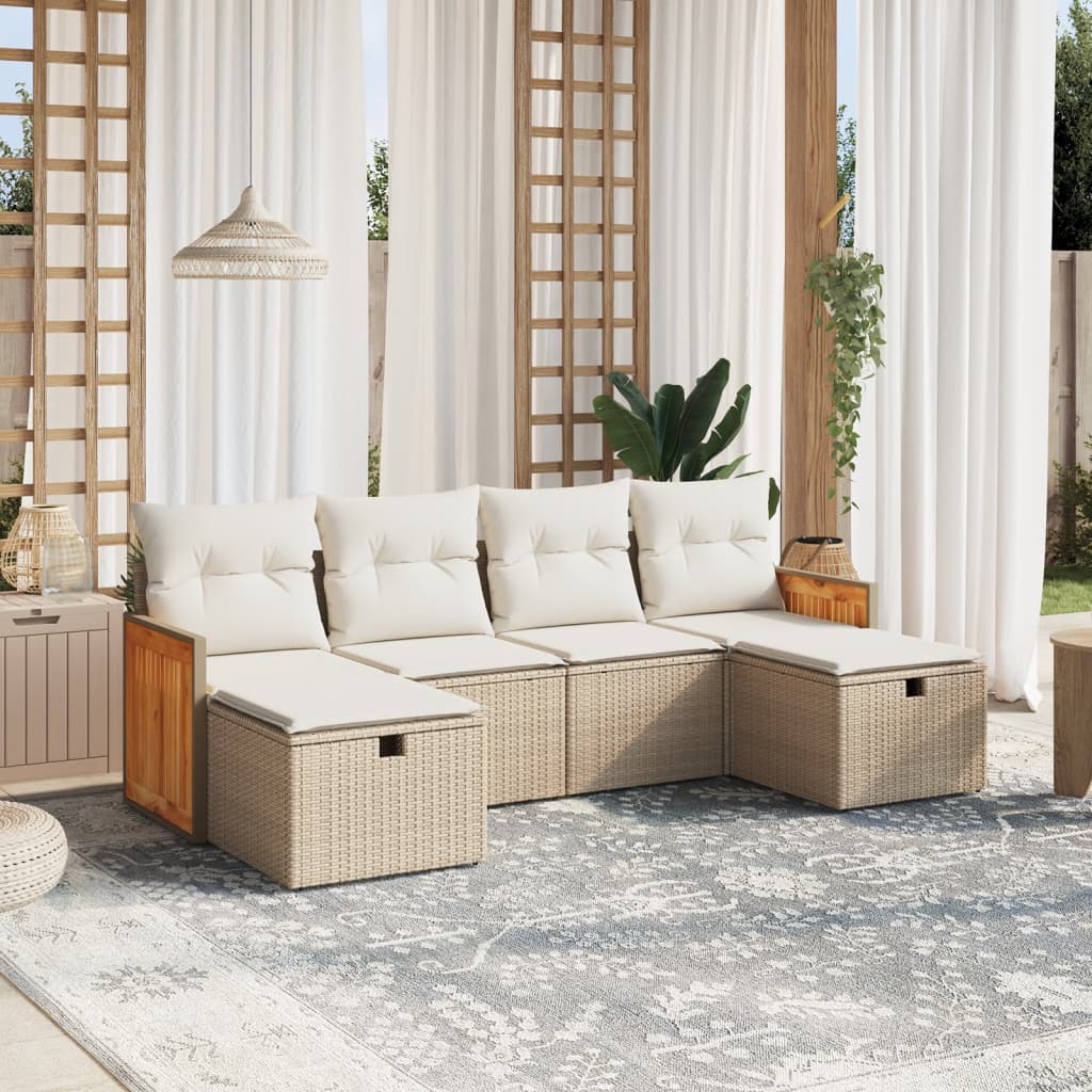 6 Pcs conjunto de sofás p/ jardim com almofadões vime PE bege
